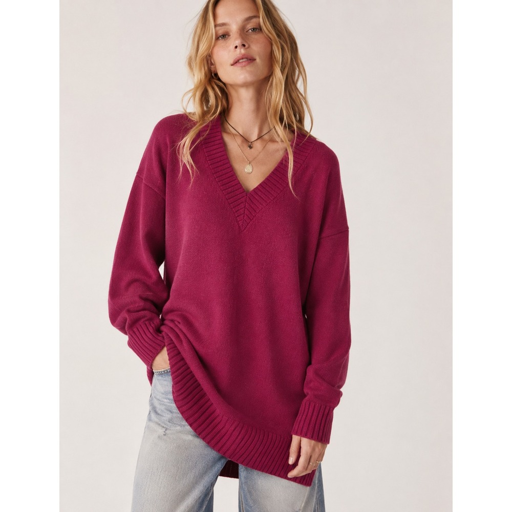 Athleta Wool Cashmere V-Neck Tunic Sweater Sz L Magenta Long Cozy Winter Soft